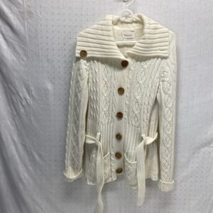 Vtg Cableknit Belted Cardigan Patch Pockets Wooden Buttons Sz M Coastal Casual
